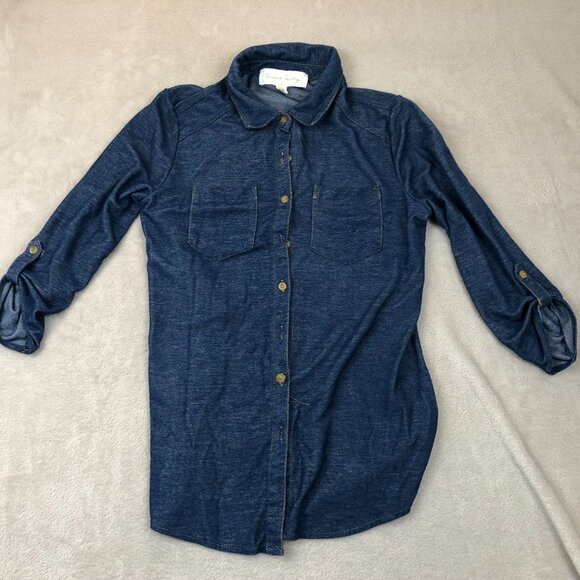 French Laundry Womens Shirt Medium Button Up Denim Roll-Tab Sleeves Casual Y2K - Picture 7 of 8